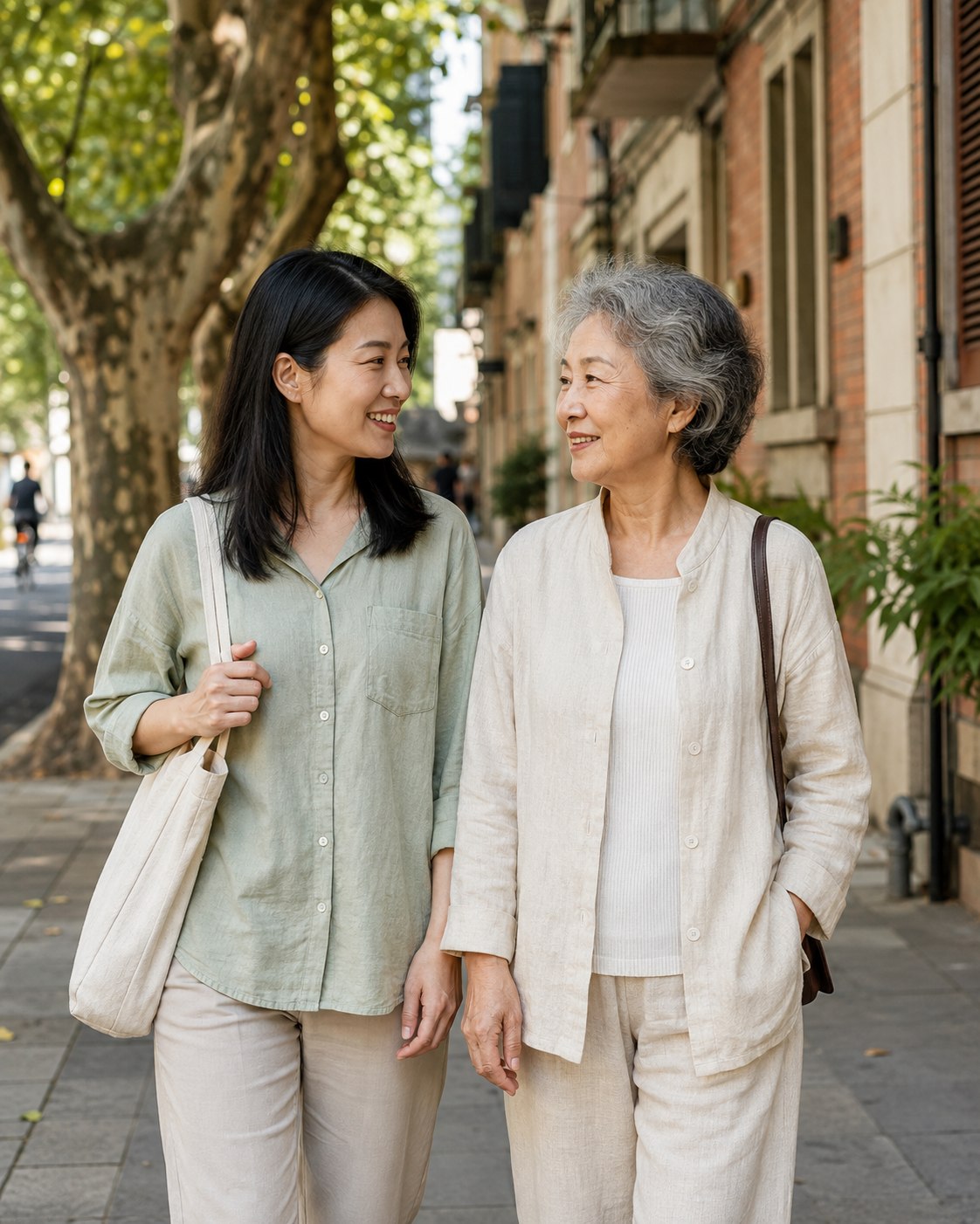 A companion and a visitor sharing a relaxed walk along a leafy Shanghai street