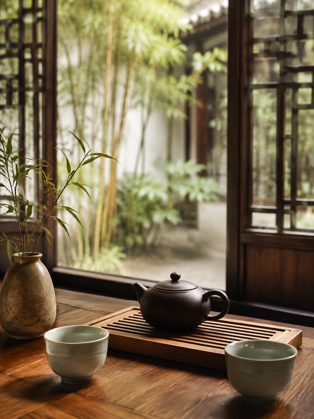 A clay teapot and two celadon cups beside a sunlit garden window